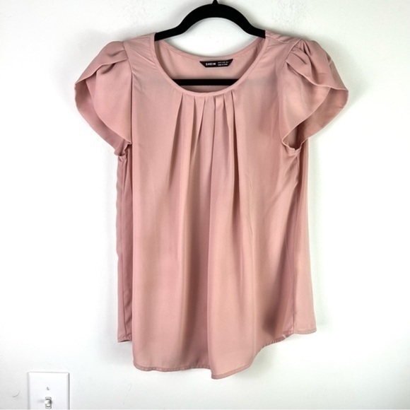 SheIn Women's Petal Cap Sleeve Round Neck Shirt Solid Fold Pleated Blouse Top - Picture 1 of 8